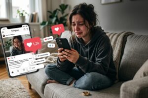 Mulher chorando sentada no sofá, segurando o celular, com aliança de casamento no chão e ícones de curtida do Instagram, sugerindo exposição do ex nas redes sociais.