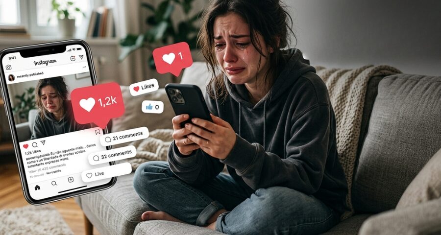 Mulher chorando sentada no sofá, segurando o celular, com aliança de casamento no chão e ícones de curtida do Instagram, sugerindo exposição do ex nas redes sociais.