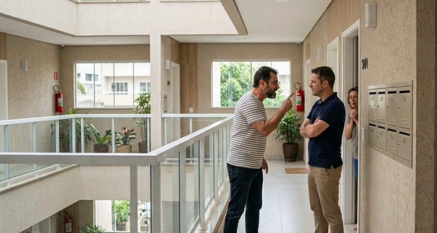 Moradores discutindo em condomínio com situação de conflito que pode virar caso de polícia