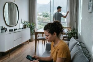 Pessoa olhando o celular do parceiro às escondidas em ambiente doméstico, simbolizando violação de sigilo digital na família.