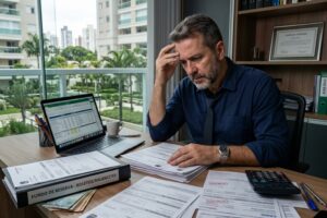 Síndico analisando documentos financeiros e fundo de reserva em condomínio residencial, representando suspeita de apropriação indébita e irregularidades na gestão condominial