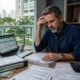 Síndico analisando documentos financeiros e fundo de reserva em condomínio residencial, representando suspeita de apropriação indébita e irregularidades na gestão condominial