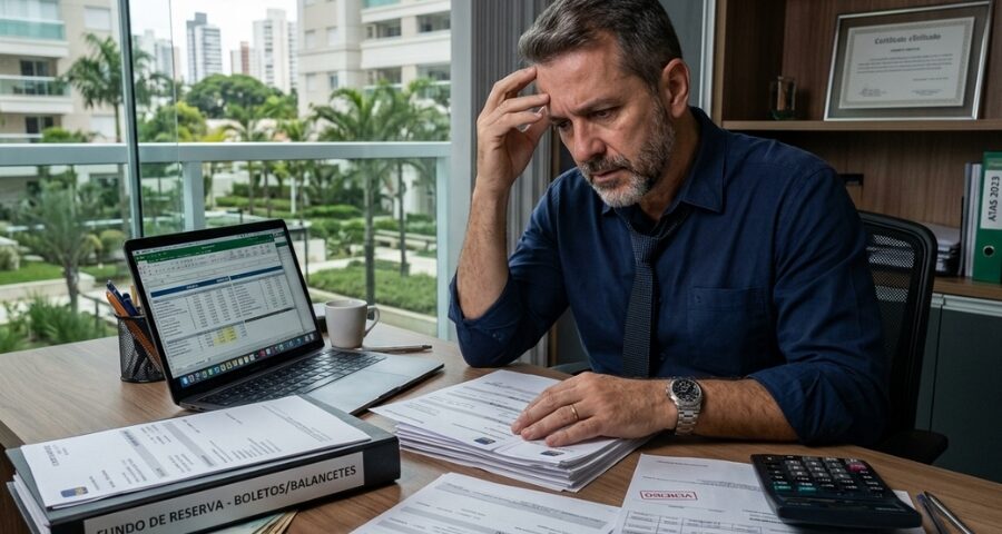 Síndico analisando documentos financeiros e fundo de reserva em condomínio residencial, representando suspeita de apropriação indébita e irregularidades na gestão condominial