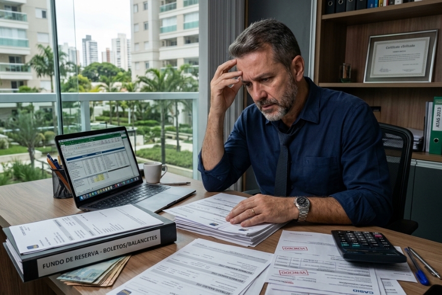 Síndico analisando documentos financeiros e fundo de reserva em condomínio residencial, representando suspeita de apropriação indébita e irregularidades na gestão condominial