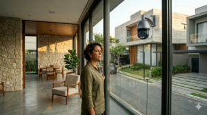Mulher em casa de condomínio fechado observa câmera de segurança instalada na casa do vizinho apontada para sua residência, representando possível violação de privacidade
