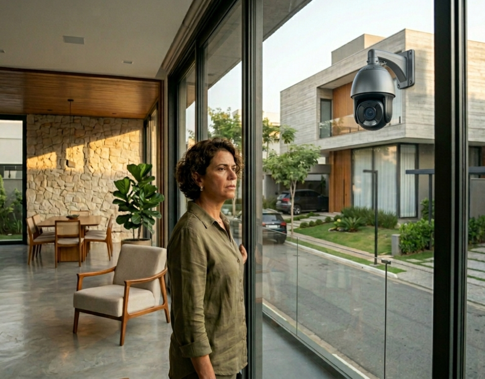 Mulher em casa de condomínio fechado observa câmera de segurança instalada na casa do vizinho apontada para sua residência, representando possível violação de privacidade