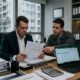 Síndico e prestador analisando contratos e orçamentos de obras em condomínio residencial, representando possível superfaturamento e fraude contratual