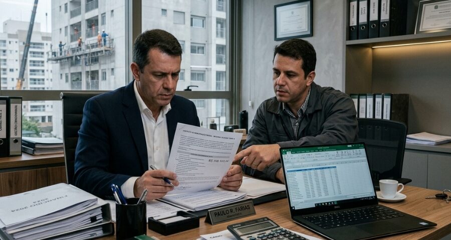 Síndico e prestador analisando contratos e orçamentos de obras em condomínio residencial, representando possível superfaturamento e fraude contratual