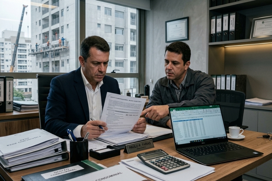 Síndico e prestador analisando contratos e orçamentos de obras em condomínio residencial, representando possível superfaturamento e fraude contratual