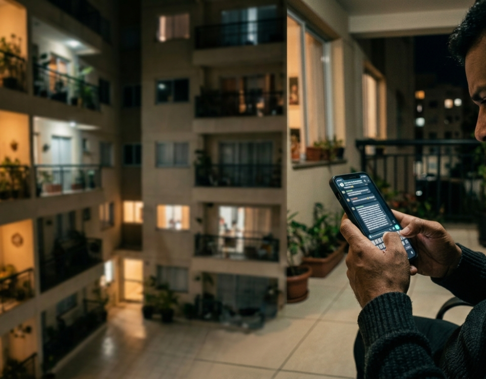 Conversa tensa em grupo de WhatsApp de condomínio exibida em celular