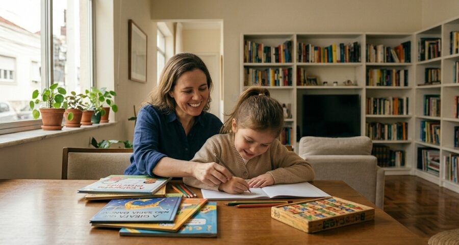 Criança em atividade escolar domiciliar sendo auxiliada pela professora, ilustrando o debate jurídico sobre abandono intelectual e a responsabilidade educacional no Brasil.
