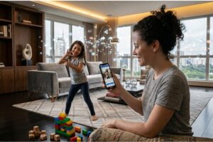 Mãe sorridente segura smartphone gravando a filha pequena que dança na sala de estar. Ícones digitais flutuam ao redor da criança, ilustrando o sharenting e a superexposição infantil na internet.