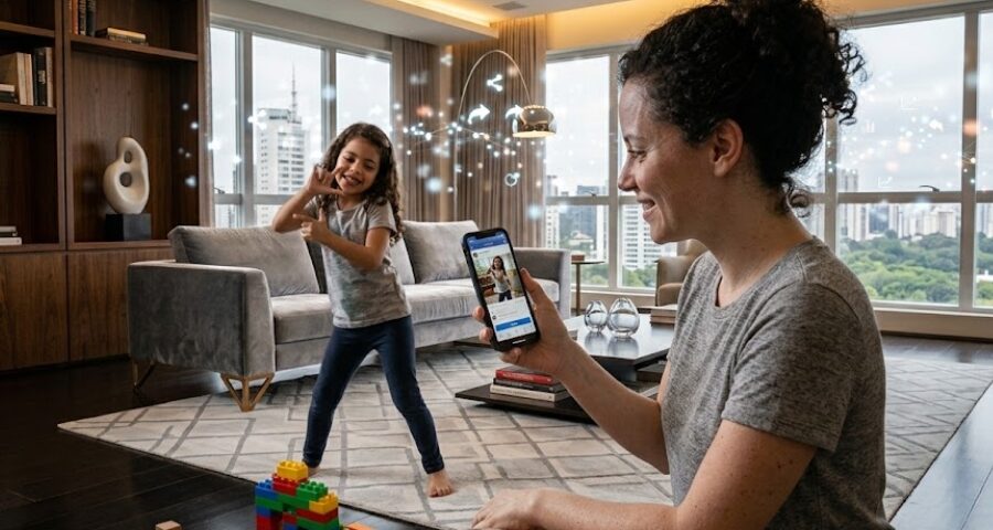 Mãe sorridente segura smartphone gravando a filha pequena que dança na sala de estar. Ícones digitais flutuam ao redor da criança, ilustrando o sharenting e a superexposição infantil na internet.