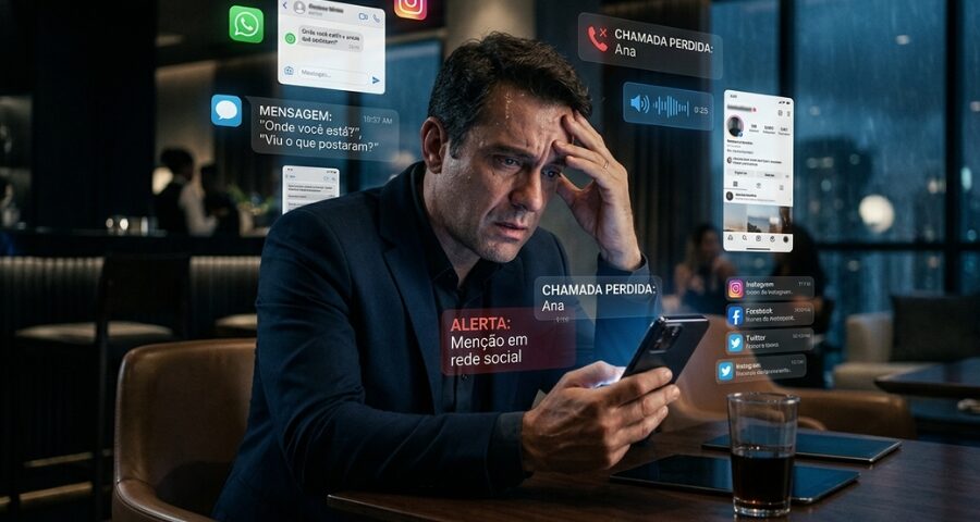 Homem preocupado olhando mensagens no celular enquanto produz provas digitais contra si mesmo sem perceber