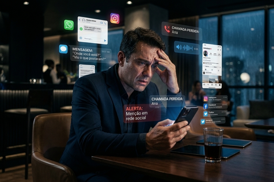 Homem preocupado olhando mensagens no celular enquanto produz provas digitais contra si mesmo sem perceber