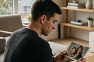 Jovem adulto sentado no sofá observando uma fotografia antiga da infância ao lado da mãe, cujo rosto aparece desfocado simbolizando a ausência parental e o abandono afetivo. Imagem representa as consequências emocionais e jurídicas da ausência dos pais.
