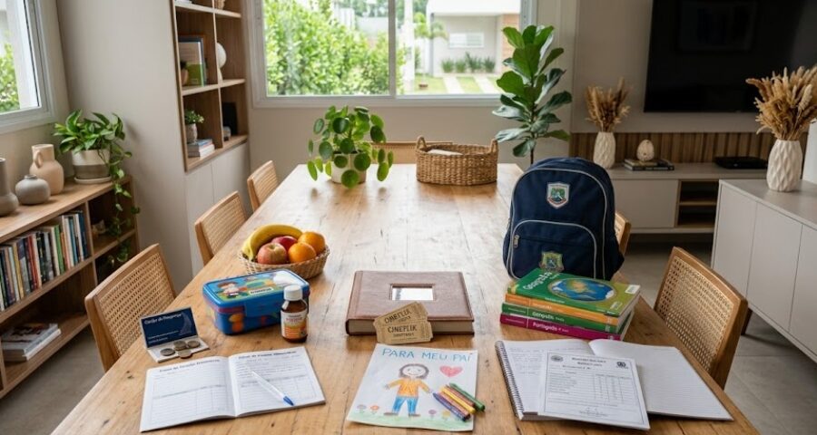 Imagem ilustrativa mostrando três conjuntos de objetos que representam os deveres jurídicos da parentalidade: alimentos, medicamentos e pensão alimentícia simbolizando o sustento material; fotografias e lembranças familiares representando convivência e cuidado; mochila escolar, livros e boletim escolar representando o dever de educação. A composição aborda as diferenças entre abandono material, abandono afetivo e abandono intelectual.