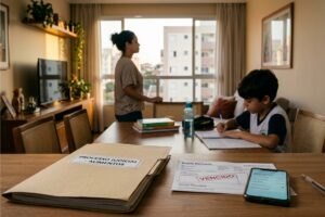 Mãe e filho em apartamento de classe média enquanto processo de pensão alimentícia permanece sem pagamento; imagem representa abandono material e suas consequências jurídicas.