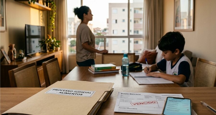 Mãe e filho em apartamento de classe média enquanto processo de pensão alimentícia permanece sem pagamento; imagem representa abandono material e suas consequências jurídicas.