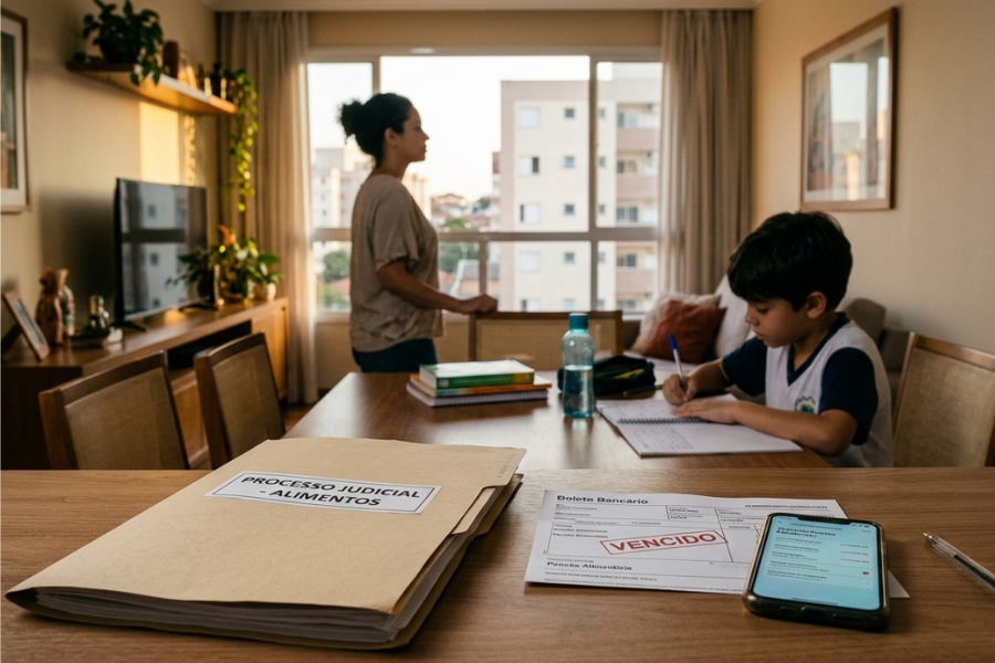 Mãe e filho em apartamento de classe média enquanto processo de pensão alimentícia permanece sem pagamento; imagem representa abandono material e suas consequências jurídicas.