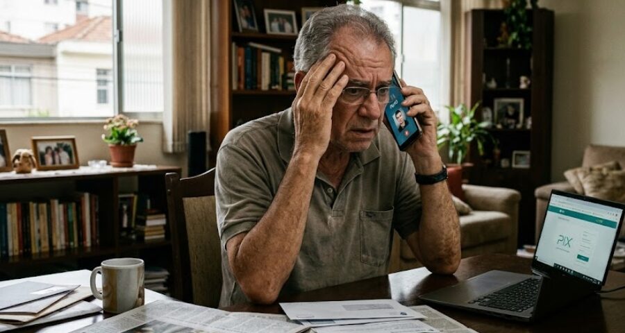Homem assustado falando ao celular dentro de casa após receber ligação que acredita ser do filho, representando golpes com clonagem de voz por inteligência artificial.