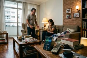 Celular gravando discussão em ambiente residencial enquanto casal conversa de forma tensa dentro de casa, representando dúvidas sobre a legalidade de gravações domésticas como prova.