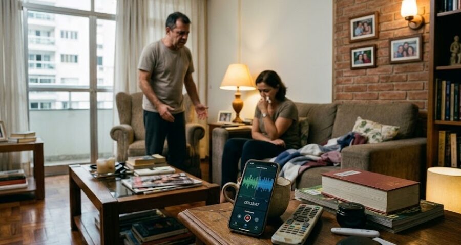Celular gravando discussão em ambiente residencial enquanto casal conversa de forma tensa dentro de casa, representando dúvidas sobre a legalidade de gravações domésticas como prova.