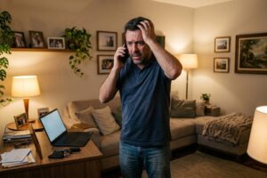 Homem preocupado analisando documentos empresariais após descobrir que seu nome está vinculado a uma empresa sob investigação, representando os riscos do laranja empresarial.