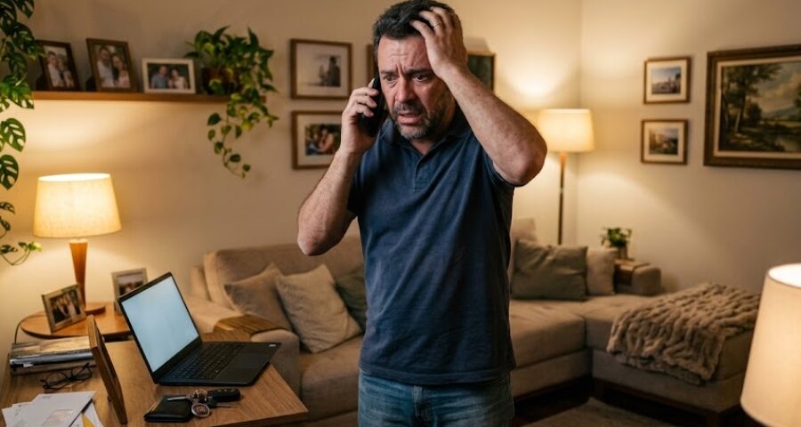 Homem preocupado analisando documentos empresariais após descobrir que seu nome está vinculado a uma empresa sob investigação, representando os riscos do laranja empresarial.