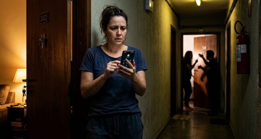 Moradora observa situação preocupante em corredor de condomínio enquanto decide se deve agir ou permanecer em silêncio diante de possível risco ou violência.
