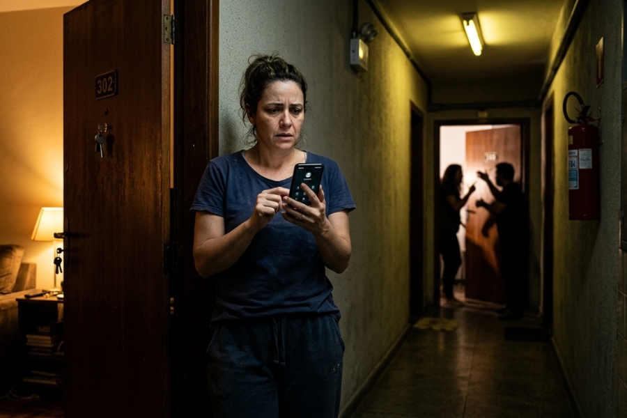 Moradora observa situação preocupante em corredor de condomínio enquanto decide se deve agir ou permanecer em silêncio diante de possível risco ou violência.