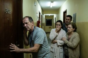 Síndico e moradores em corredor de condomínio à noite demonstrando preocupação diante de possível caso de violência doméstica dentro de apartamento, simbolizando risco de omissão e responsabilidade jurídica